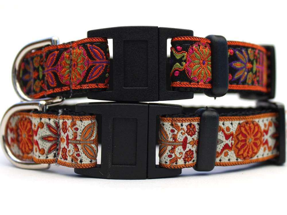 These are the Venice Cat Collars by Surf Cat. They are inspired Italian Renaissance tapestries and come in two different colors: ivory or ink. The collars are made with breakaway buckles that pop apart under eight pounds of pull-pressure. This protects against choking hazards. They are made of soft and comfortable nylon overlaid with durable polyester ribbon. They are quintuple stitched at stress points for added strength. The fabric and stitching ensure the collar keep its shape comfort bad behavior. 