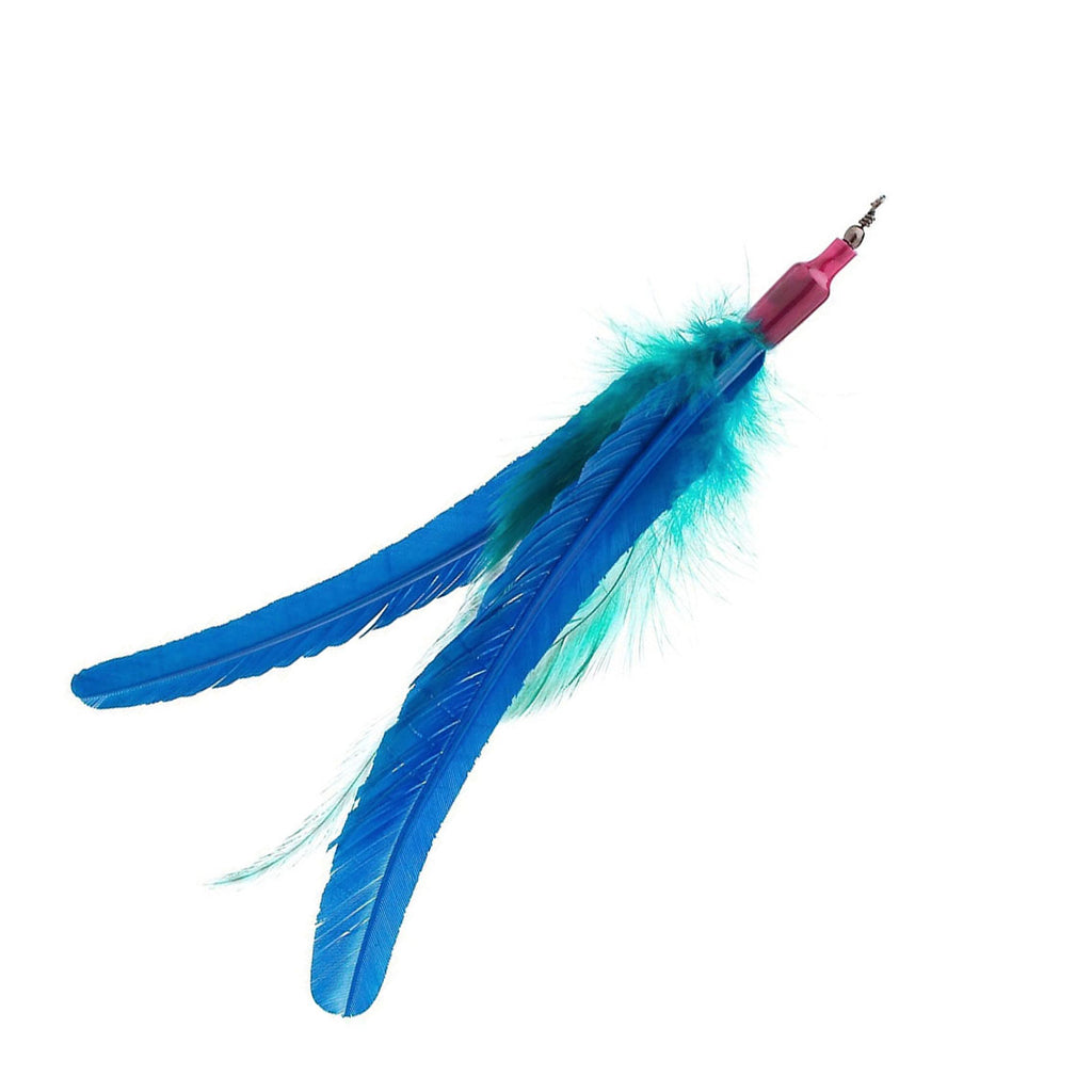 This is the Da Bird Feathers Teaser Wand Cat Toy Replacement lure. It has blue, and light blue dyed turkey feathers with a cotter ring clip at one end. The lure is meant to engage the cat's instincts such as pawing, pouncing, and preying. It works best with a Go Cat Teaser wand. 