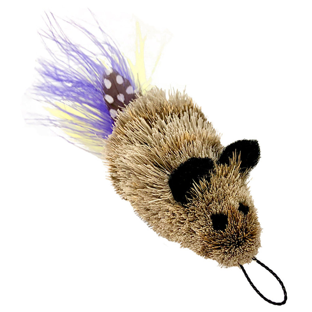 This is a Da Mouse Feather Teaser Wand Cat Toys Replacement Lure by Go Cat. The mouse has bristly tan fur and various purple, yellow, and spotted feathers for a tail. The lure has two separate black cloth ears, and two beady black eyes. There is a cotter clip ring where its nose is supposed to be. The lure works best with a Go Cat Teaser Wand Cat Toy.