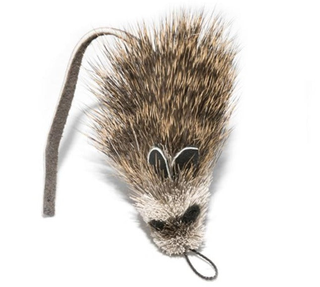 This is the Da Rat Teaser Wand Cat Toy Replacement Lure by Go Cat. It  has two black spots for eyes, and two cloth ears. The body has bristly black, brown, and tan fur. There is a faux tail at the body's rear. A cotter clip ring is located on top of the body's head.  The lure works best with one of the Go Cat Teaser Wand Cat Toys.