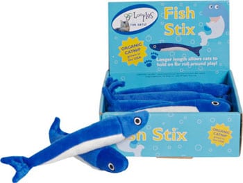 These are Fish Sticks Plush Catnip Cat Toys by Loopies. The toys feature a soft plush body for cats to bite and gnaw on. The toy is stuffed with organic catnip to attract cats more. The fish is blue and has a white belly. The fish's body is nine inches long and is perfect for back leg scratching and hugging. The fish is meant to engage a cat's hunting instincts. 