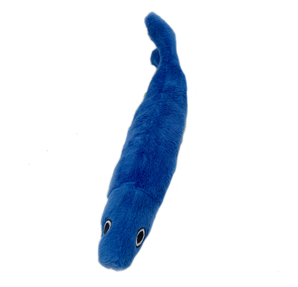 This is a Fish Stick Plush Catnip Cat Toys by Loopies. The toy feature a soft plush body for cats to bite and gnaw on. The toy is stuffed with organic catnip to attract cats more. The fish is blue and has a white belly. The fish's body is nine inches long and is perfect for back leg scratching and hugging. The fish is meant to engage a cat's hunting instincts.