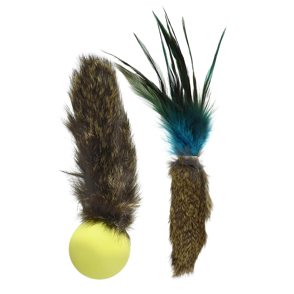 This is the Fur Fetish Set of Da Fur Thing™ & Fur Pong™ Teaser Wand Cat Toy Replacement Lures by Go Cat. Both toys are made from real fur. The Da Fur Pong has a yellow ping pong ball filled with rice and catnip. The Da Fur Thing has blue, green, and black feathers at one end. The toys are meant to engage the cat's instinctive behavior such as hunting, pawing, and prowling. 