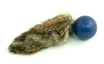 The is a Fur Pong Cat Toy by Go Cat. The toy is comprised of a real handmade fur tail and a blue ping pong ball. The ping pong ball has rice and catnip inside to attract the cat more. The toy is meant to engage the cat's hunting instincts such as hunting, prowling, and pouncing. 