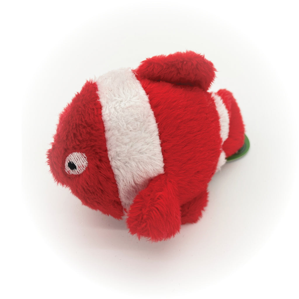 This is the Goldfish from the Under The Sea Gift Pack Catnip Cat Toys by Loopies. It is red and has white stripes across its body. It is a plush toy and is stuffed with organic catnip. The toy is meant to engage your cat's hunting instincts.