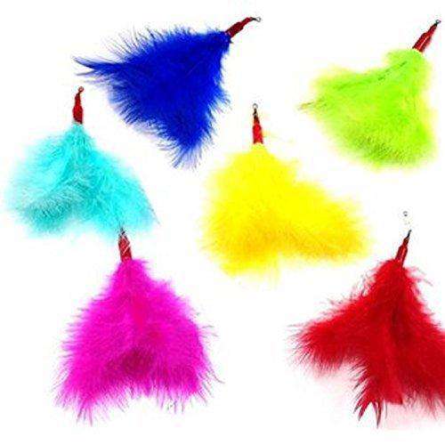 This is an assortment of Da Kitty Puff Teaser Wand Cat Toy Replacement Lures by Go Cat. The lures are made from  feathers and there are cotter clip rings at the ends of each of the lures. The lures' feathers come in various colors: blue, light blue, yellow, neon green, hot pink, and red. This lures are meant to engage at the cat's hunting instincts like prowling, pawing, and pouncing. The lures work best with a Go Cat Teaser Wand Cat Toy. 