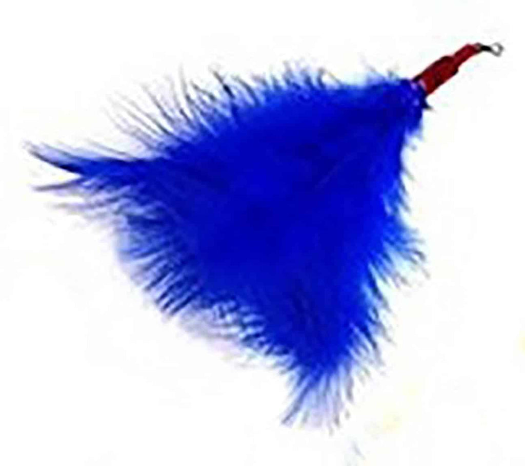 This is a Da Kitty Puff Teaser Wand Cat Toy Replacement Lure by Go Cat. The lure is made up of feathers and all the feathers are blue. There is a cotter clip ring at one end of the lure. This lure is meant to engage at the cat's hunting instincts like prowling, pawing, and pouncing. The lure works best with a Go Cat Teaser Wand Cat Toy.  