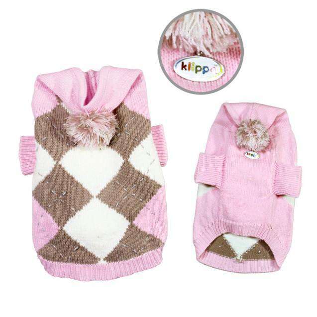 Klippo - Argyle Pattern Hoodie Dog Sweater with Pompom (Pink)