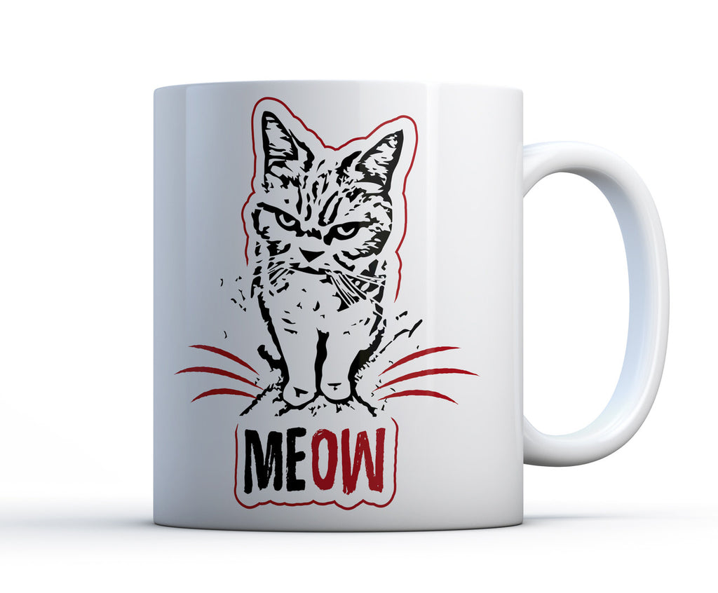 A quality ceramic 15oz mug of a moody cat meowing 
