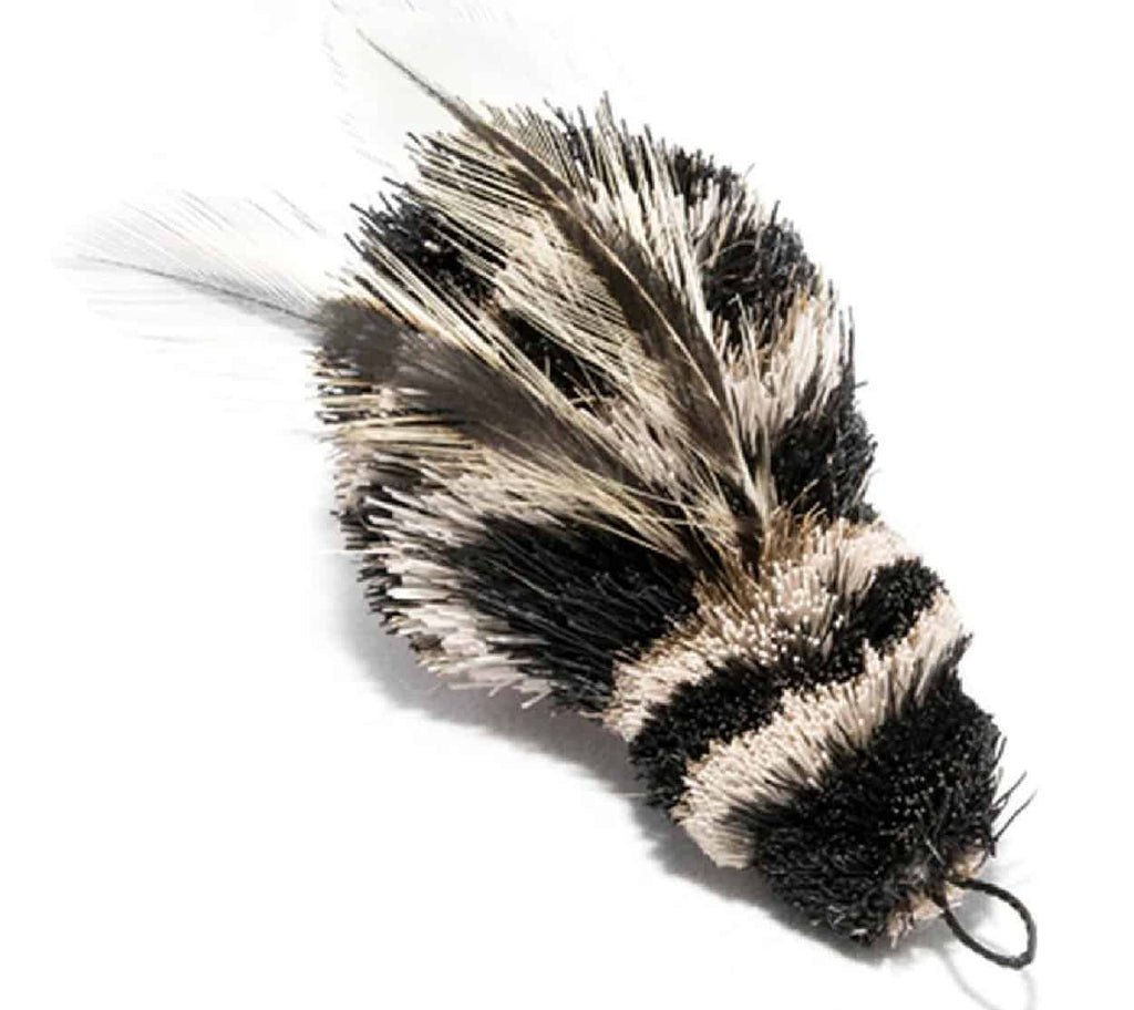 This is a Da Queen Bee™ Teaser Wand Cat Toy Replacement Lure by Go Cat. The bee has a black and white striped body. It has a cotter clip ring at the head of the body. The insect has black and white wings. The lure works best with a Go Cat Teaser Wand Cat Toy.