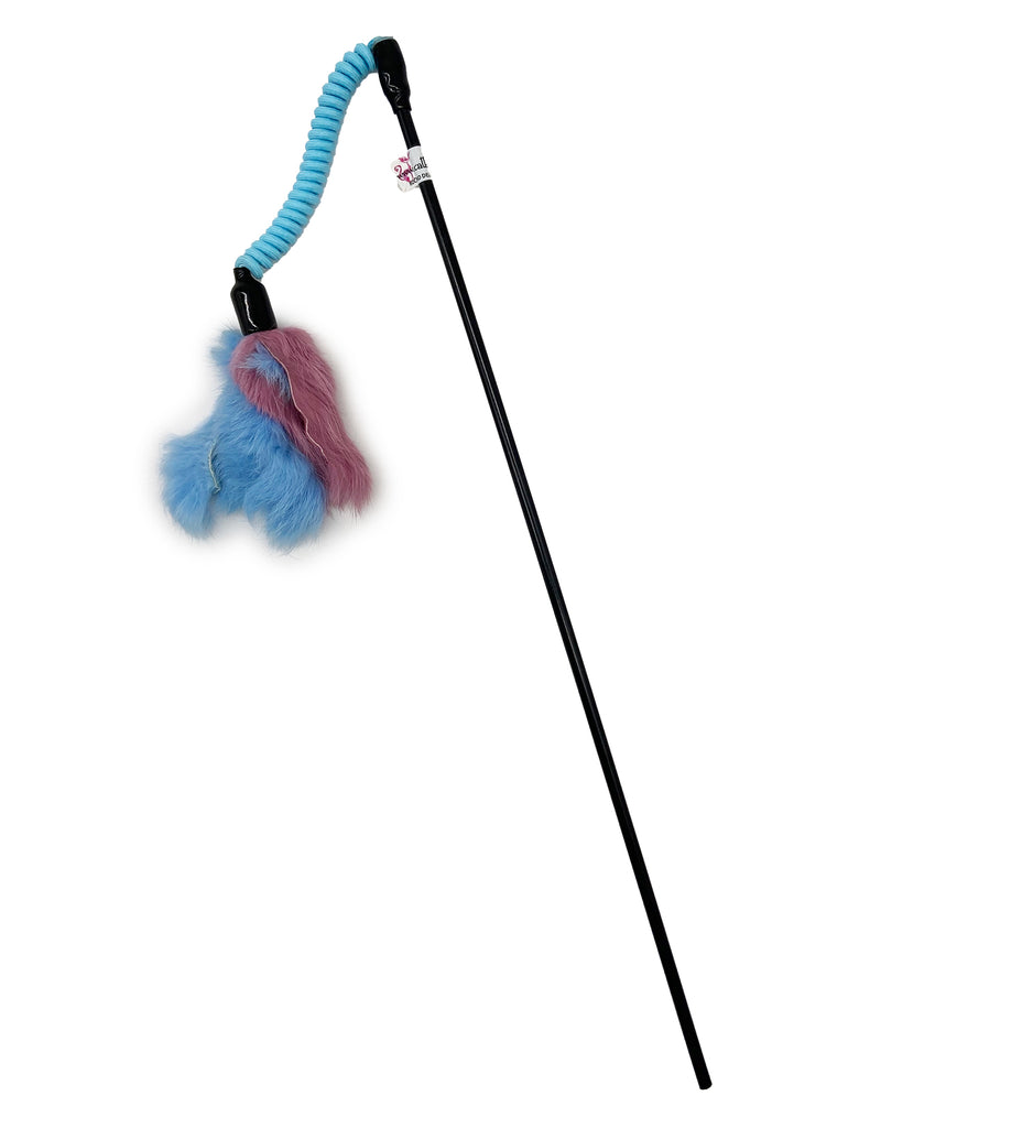This is a Jumping Rabbit Fur Teaser Wand Cat Toy by Catboutique. The lure itself is made from real rabbit fur. The rabbit fur is leftovers from the food industry. This rabbit fur is dyed light blue and a dullish red. The lure is attached to an elastic coiled cord that helps with bounce action. Cord and lure attach to a nearly sixteen inch wand. The teaser wand and toy are meant to engage your cat's hunting instincts. 