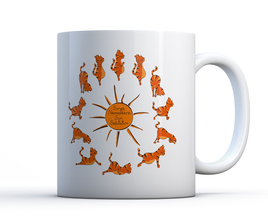 White ceramic coffee mug with a ginger tabby cat doing yoga, performing a sun salutation in 12 poses around a sun. 