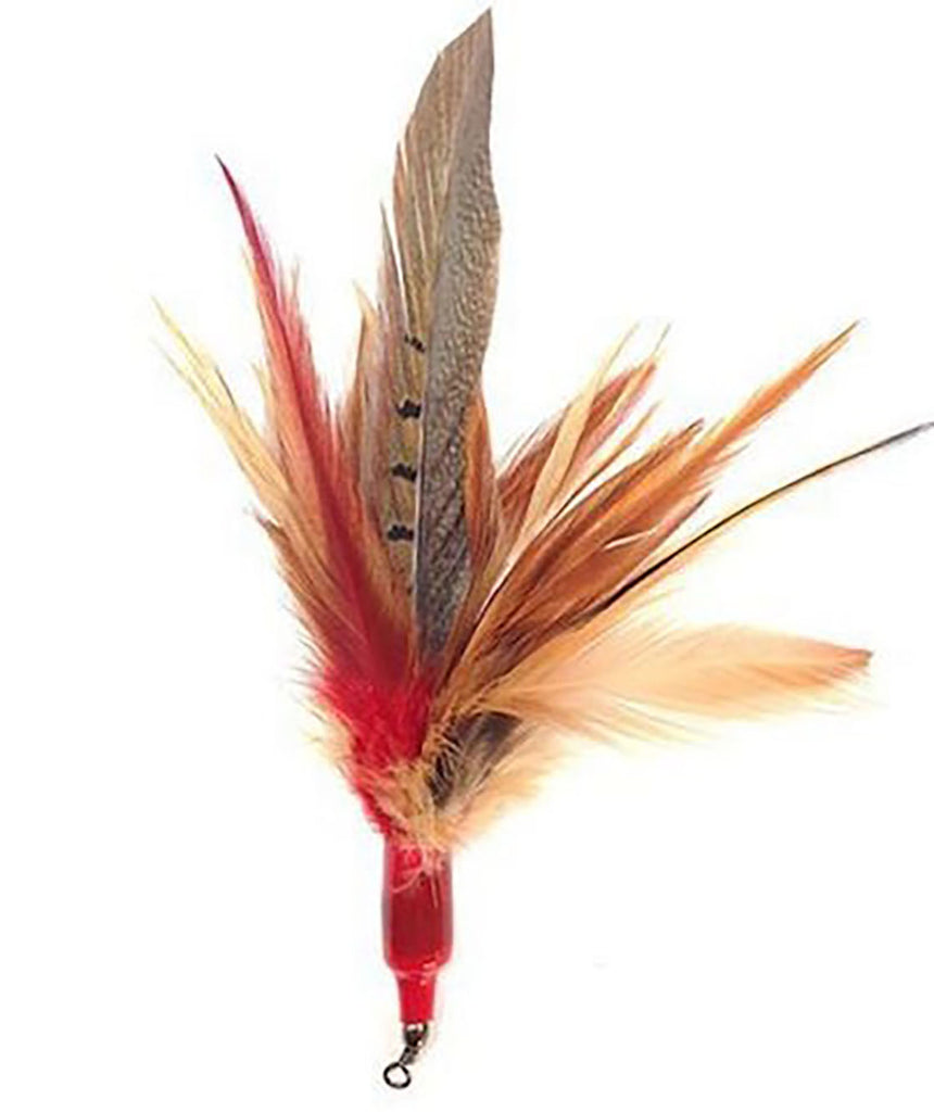Feather Starter Pack Includes: (1) Two-part 36" wand with nylon string, (1) Da Bird Turkey Feathers, (1) Da Bird Guinea Feathers, (1) Da Wild Thing, (1) Da Purr-Peller, and (1) Kitty Puff.