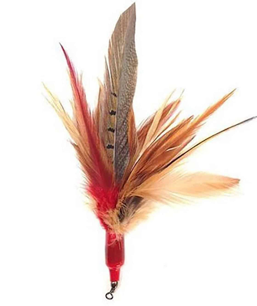 This is the Da Wild Thing Feather Teaser Wand Cat Toy Replacement Lure by Go Cat. The lure is comprised of red, orange, brown, and blackish feathers. There is a cotter ring  at one end of the lure. The lure works best with a Go Cat Teaser Wand Cat Toy. This lure is meant to engage the cat's instincts, like hunting, pouncing, and pawing.