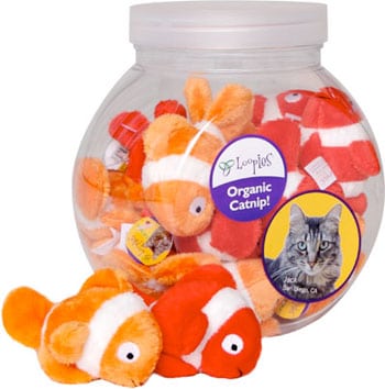 These are Goldfish Plush Catnip Cat Toys by Loopies. They come in two color ways: orange with white stripes or red with white stripes. The fish has a soft plush body but is designed for rough whack and slap play. Each fish is filled with organic catnip. The toy is meant to engage your cat's hunting instincts. 
