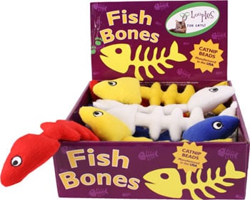 This is a box of Fish Bones Plush Catnip Cat Toys by Loopies. The fish come blue, red, white, and yellow. Each fish has a soft plush body that is great for a cat's gnawing and biting. The body is designed for durability and long hours of play. Also, each fish is stuffer with organic catnip to attract cats more. The toy is meant to engage your cat's hunting instincts. 