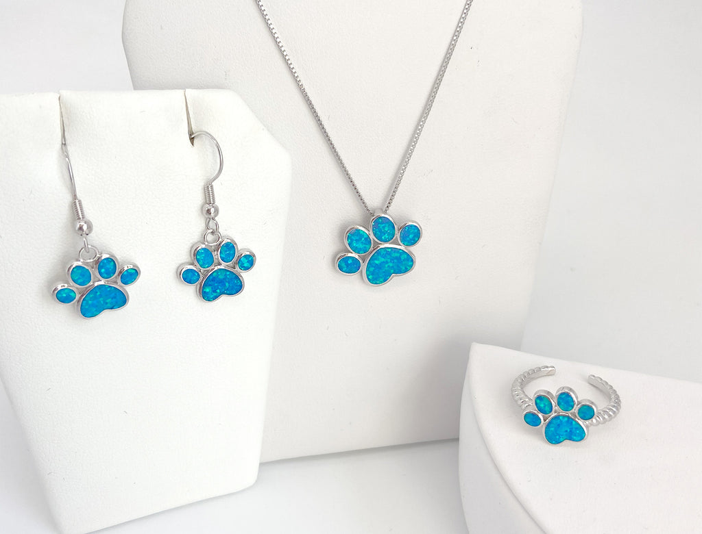 Opal Dog Paw Jewelry Set Earrings, Necklace, and Ring - Artisan Jewelry