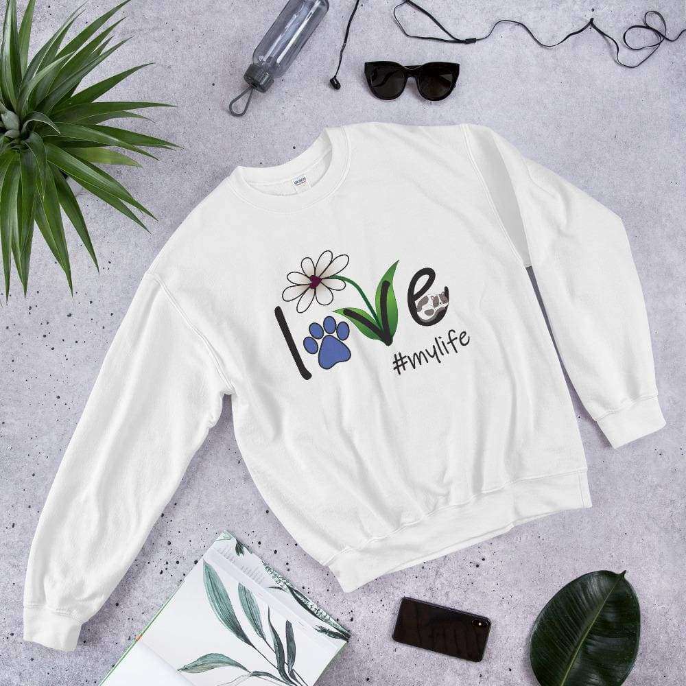 PetDesignz - Graphic Crewneck Sweatshirt - “Love, My Life” Flower, Cat, Paw Print