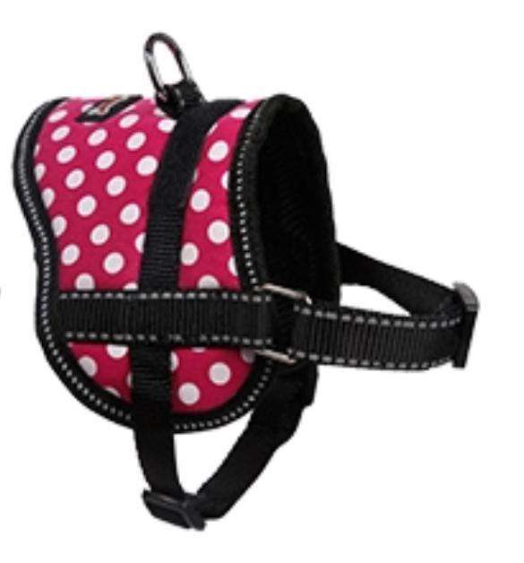 This is a Small Dog & Cat Oxford Training Harness by DogLemi. It's material has a pink base with white polka dots all over it. It's for training animals how to walk, not jump, and not pull. It's an excellent alternative to collars for pets with medical conditions such as collapsing trachea and more. 