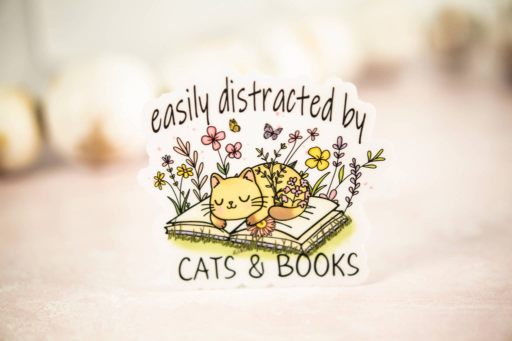 Easily Distracted By Cats & Books, Cat Vinyl Sticker, 3x3 in