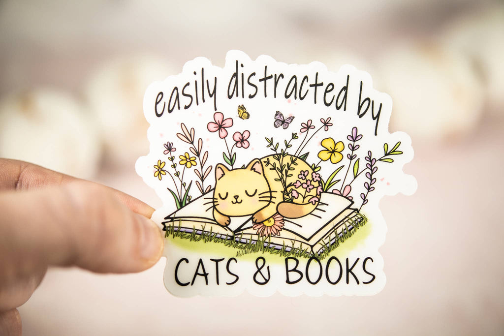 Easily Distracted By Cats & Books, Cat Vinyl Sticker, 3x3 in.