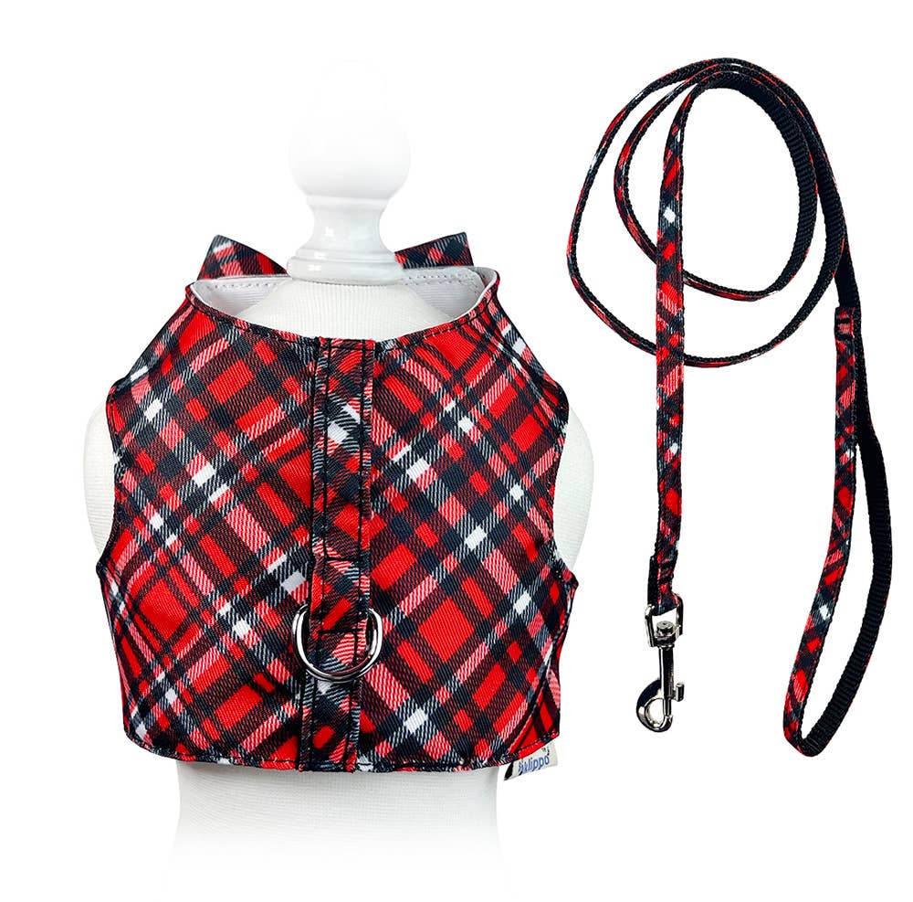 Red Plaid Harness Dog Vest with Matching Leash Set