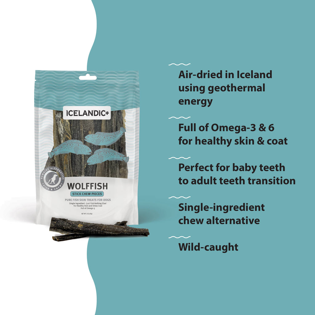 Wolffish Stick & Pieces Fish Skin Chew Dog Treat by Icelandic +