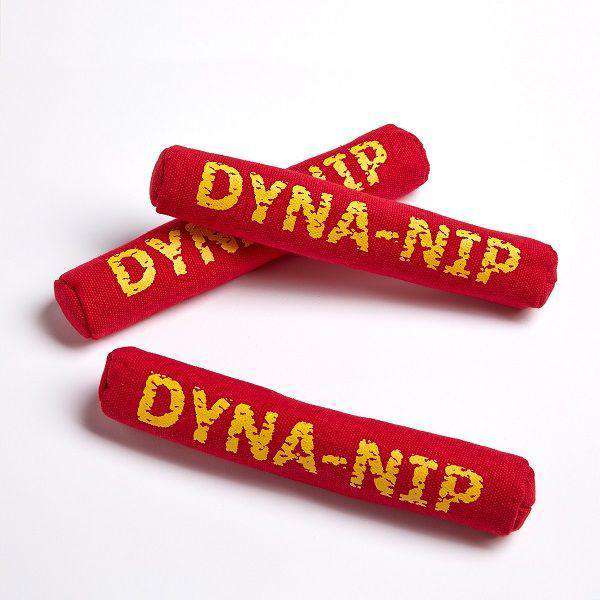 These are Dyna-Nip Cat Plush Toys by Loopiies. They are red and have large yellow letters across it read: Dyna-Nip. The toys are loaded with Catnip to attract cats. These toys are made to last longer than other product on the market. 