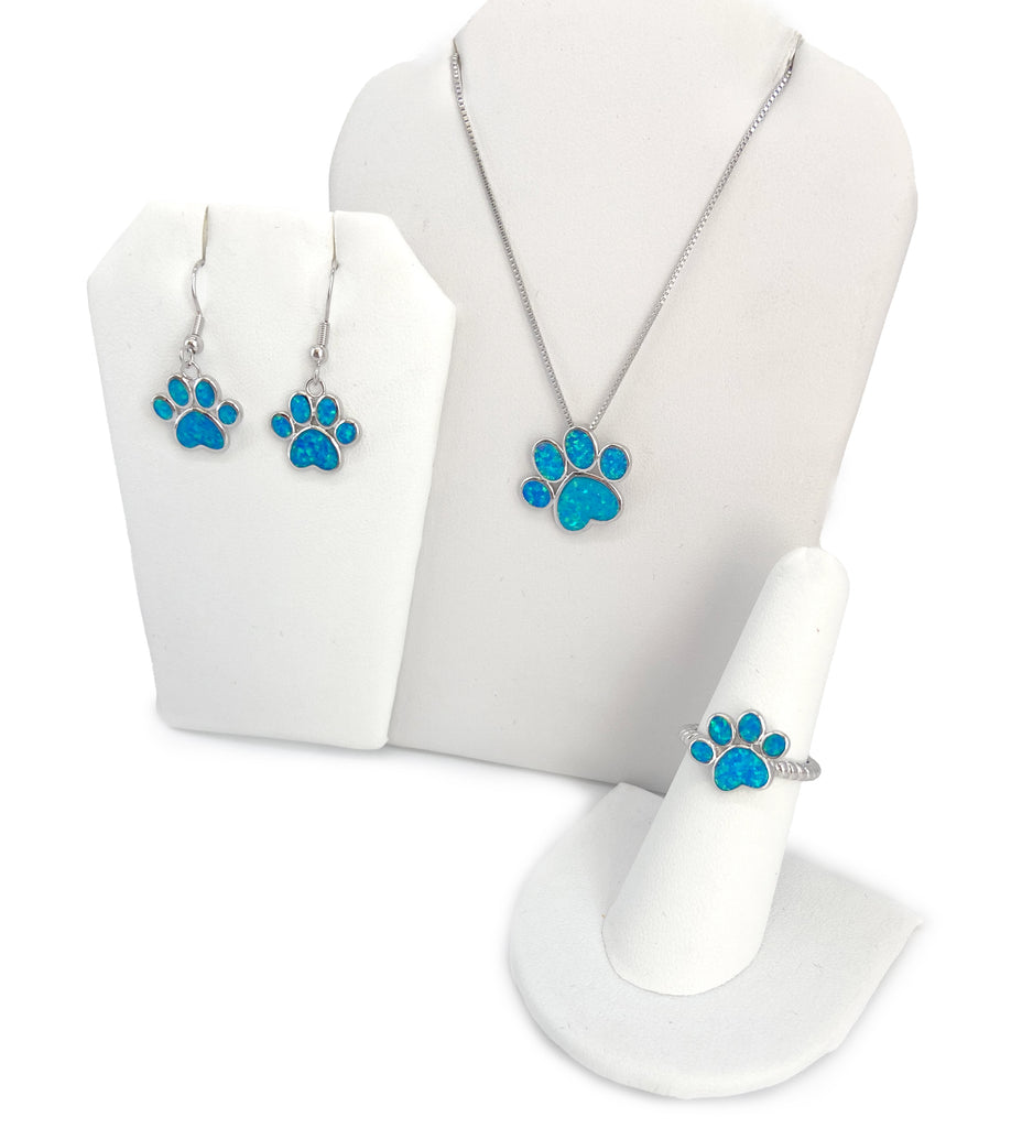 Opal Dog Paw Jewelry Set Earrings, Necklace, and Ring - Artisan Jewelry