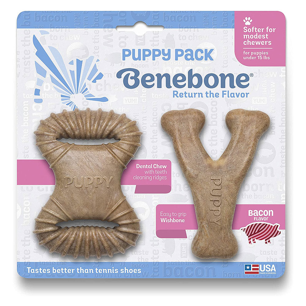 Benebone Puppy Bacon Dental & Wishbone 2-Pack Dog Toy - Boredom Buster