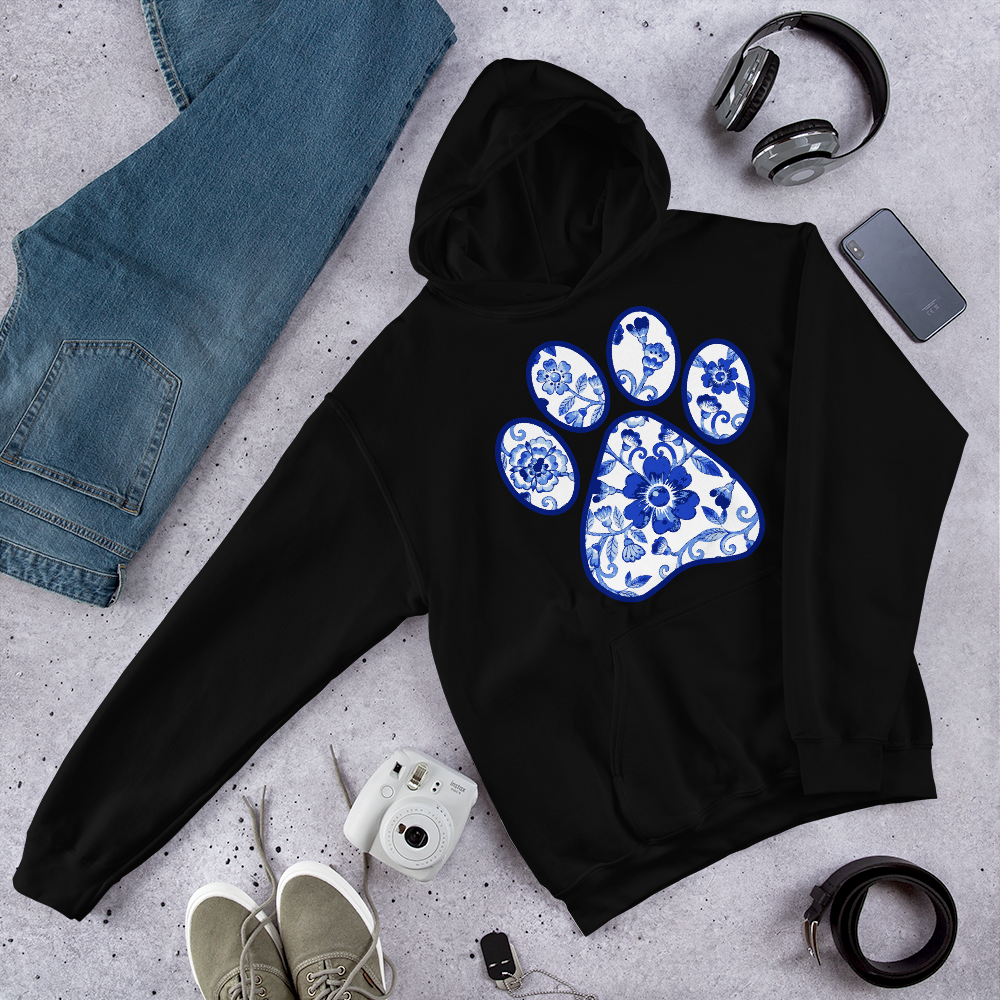 Blue Flower Paw Print Graphic Hoodie Sweatshirt - PetDesignz in Black