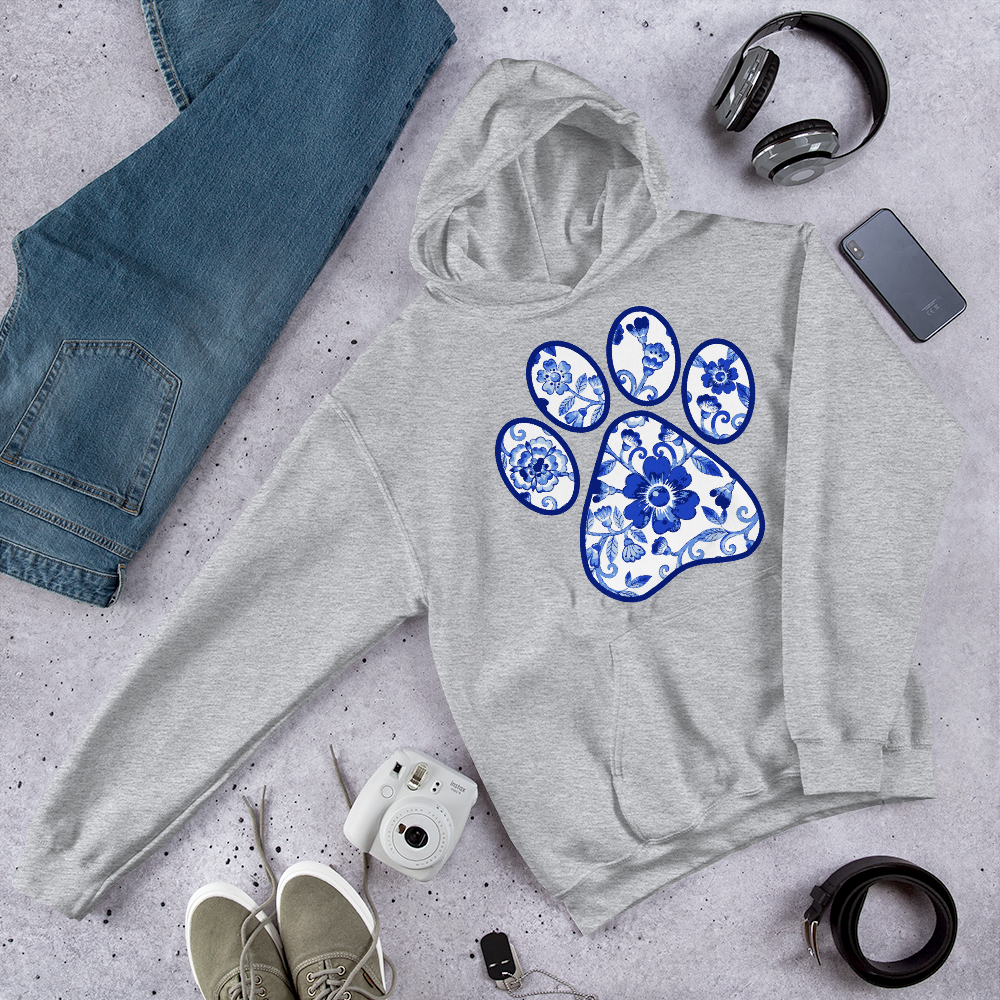 Blue Flower Paw Print Graphic Hoodie Sweatshirt - PetDesignz in Sport Grey