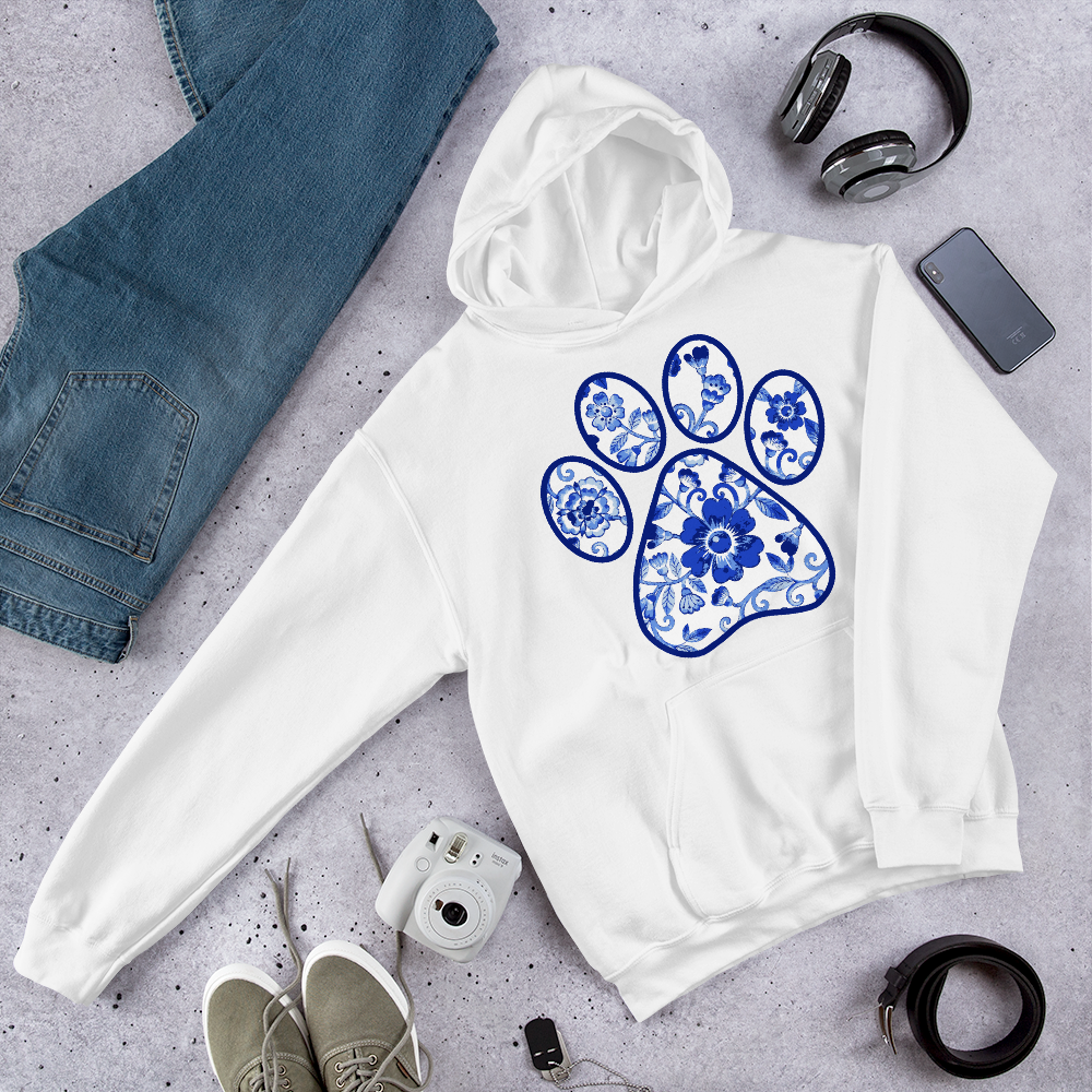Blue Flower Paw Print Graphic Hoodie Sweatshirt - PetDesignz in White