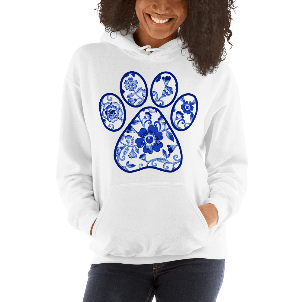 English Blue Flower Paw Print Graphic Pullover Hoodie Sweatshirt PetDesignz Unisex men women