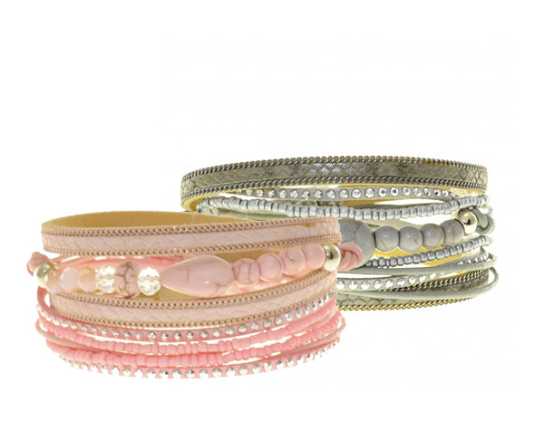 Leather Multi Wrap Bracelet with Semi-Precious Stones (Pink or Grey) by ShagWear