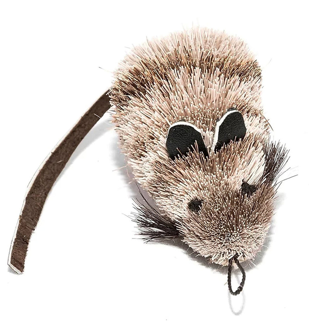 This is a Da Cat Catcher Mouse Teaser Wand Cat Toy Replacement Lure by Go Cat. The mouse has two separate cloth ears and two small black eyes. The Is a small strap of material for a tail. The lure is constructed of natural materials and its body is striped with darker tan to beige lines. There is a cotter clip ring at the mouse's nose. The lure works best with one of the Go Cat Teaser Wand Cat Toys.