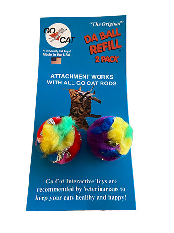 This is a set of Da Teaser Wand Cat Toy Replacement Lures by Go Cat. his ball is multicolored. The colors range from hot pink to a dark purple. The ball also has material the crinkles and crackles for sound effect. There is a cotter clip ring at the ball's top. This lure is meant to engage at the cat's hunting instincts like prowling, pawing, and pouncing. The lure works best with a Go Cat Teaser Wand Cat Toy.