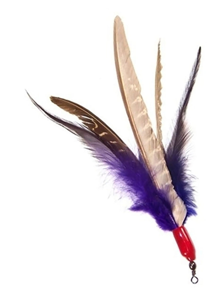 Feather Starter Pack Includes: (1) Two-part 36" wand with nylon string, (1) Da Bird Turkey Feathers, (1) Da Bird Guinea Feathers, (1) Da Wild Thing, (1) Da Purr-Peller, and (1) Kitty Puff.