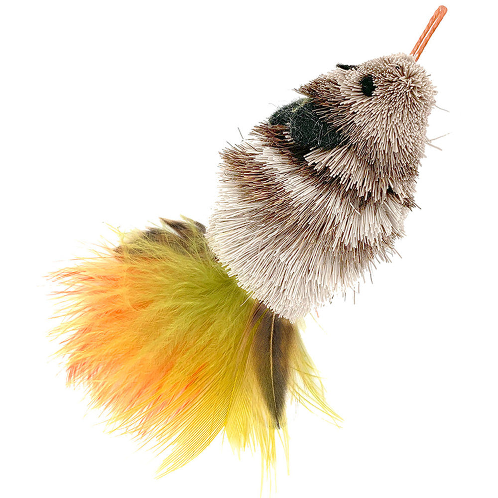 This is a Da Mouse Feather Teaser Wand Cat Toy Replacement Lure by Go Cat. The mouse has bristly various shades of tan fur. The lure has orange, yellow, and brown feathers for a tail. There are two separate cloth ears and the mouse has two beady black eyes. There is a cotter clip ring where the nose is supposed to be. The lure works best with a Go Cat Teaser Wand Cat Toy.