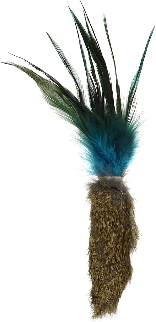 The is the Da Fur Thing Cat Toy by Go Cat. The toy is a rabbit foot with feathers attached at one end. It's made of real fur. The Da Fur Thing has blue, green, and black feathers. The toys is meant to engage the cat's instinctive behavior such as hunting, pawing, and prowling.