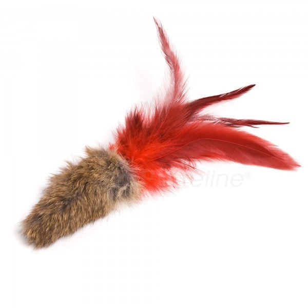 The is the Da Fur Thing Cat Toy by Go Cat. The toy is a handmade real fur tail with feathers attached at one end. It's made of real fur. The Da Fur Thing has red, and black feathers. The toys is meant to engage the cat's instinctive behavior such as hunting, pawing, and prowling.