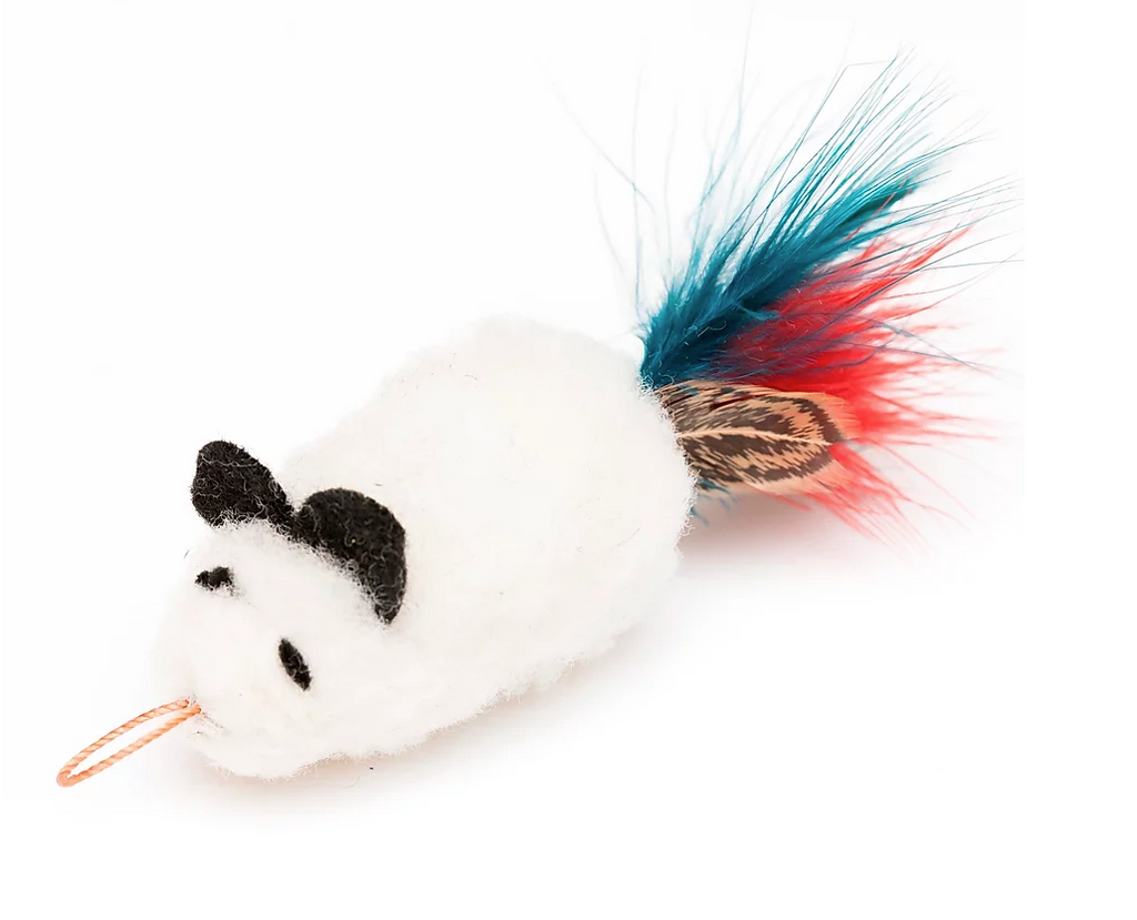 This is the Da Wooly Feather Mouse Teaser Cat Toy Replacement Lure by Go Cat. The mouse is made of pure white, hand woven wool, which is its body. There are two separate black cloth ears and it has two beady black eyes. There is a cotter clip ring where the nose should be. The mouse has various turquoise, bright reed, and brown feathers for a tail. The lure works best with a Go Cat Teaser Wand Cat Toy. This lure is meant to engage the cat's instincts, like hunting, pouncing, and pawing. 