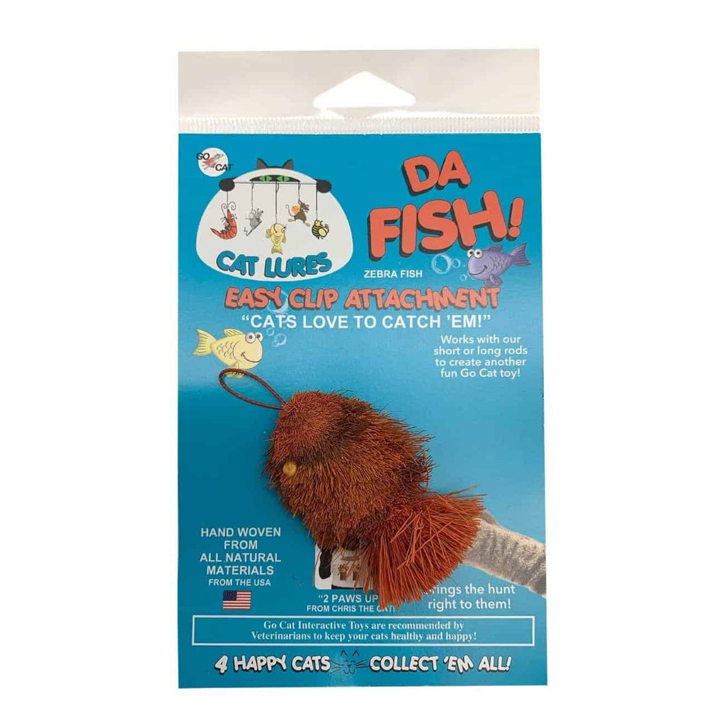 This is the Da Goldfish™ Teaser Wand Cat Toy Replacement Lure in its real packaging. The fish has a dark burnt orange body with light reddish orange stripes. There is a cotter clip attachment at the fish's head so it can attach to a Go Cat® teaser wand. The fish has a bristly tail and the lure is made to engage a cat's hunting instincts.