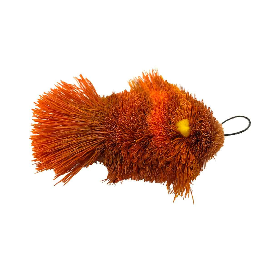 This is the Da Goldfish™ Teaser Wand Cat Toy Replacement Lure by Go Cat®. The fish has a dark burnt orange body with light reddish orange stripes. There is a cotter clip attachment at the fish's head so it can attach to a Go Cat® teaser wand. The fish has a bristly tail and the lure is made to engage a cat's hunting instincts. 