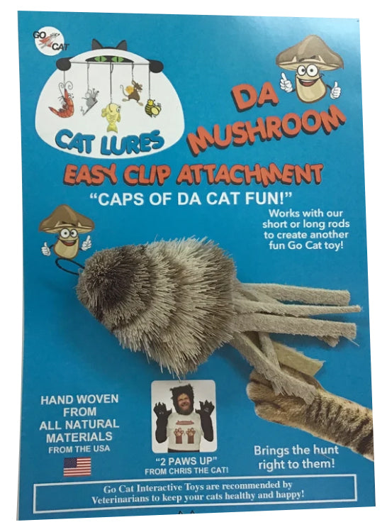 This is the Da Mushroom Teaser Wand Cat Toy Replacement Lure in its actual packaging. The mushroom is made from various grey, tan, and brown fur. The lure has eight separate pieces of materials for eight legs. There is a cotter clip ring at the top of the lure. This lure is meant to engage at the cat's hunting instincts like prowling, pawing, and pouncing. The lure works best with a Go Cat Teaser Wand Cat Toy.
