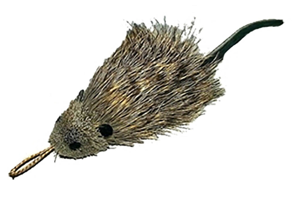 This is the Da Rat Teaser Wand Cat Toy Replacement Lure by Go Cat. It has two black spots for eyes, and two cloth ears. The body has bristly black, brown, and tan fur. There is a faux tail at the body's rear. A cotter clip ring is located on top of the body's head. The lure works best with one of the Go Cat Teaser Wand Cat Toys.