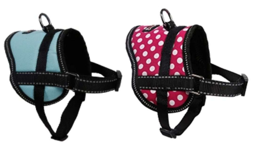 These are Small Dog and Cat Oxford Training Harnesses by DogLemi. They're for training animals how to walk, not jump, and not pull. They're an excellent alternative to collars for pets with medical conditions such as collapsing trachea and more. One harness is light blue. Another is pink with white polka dots. 