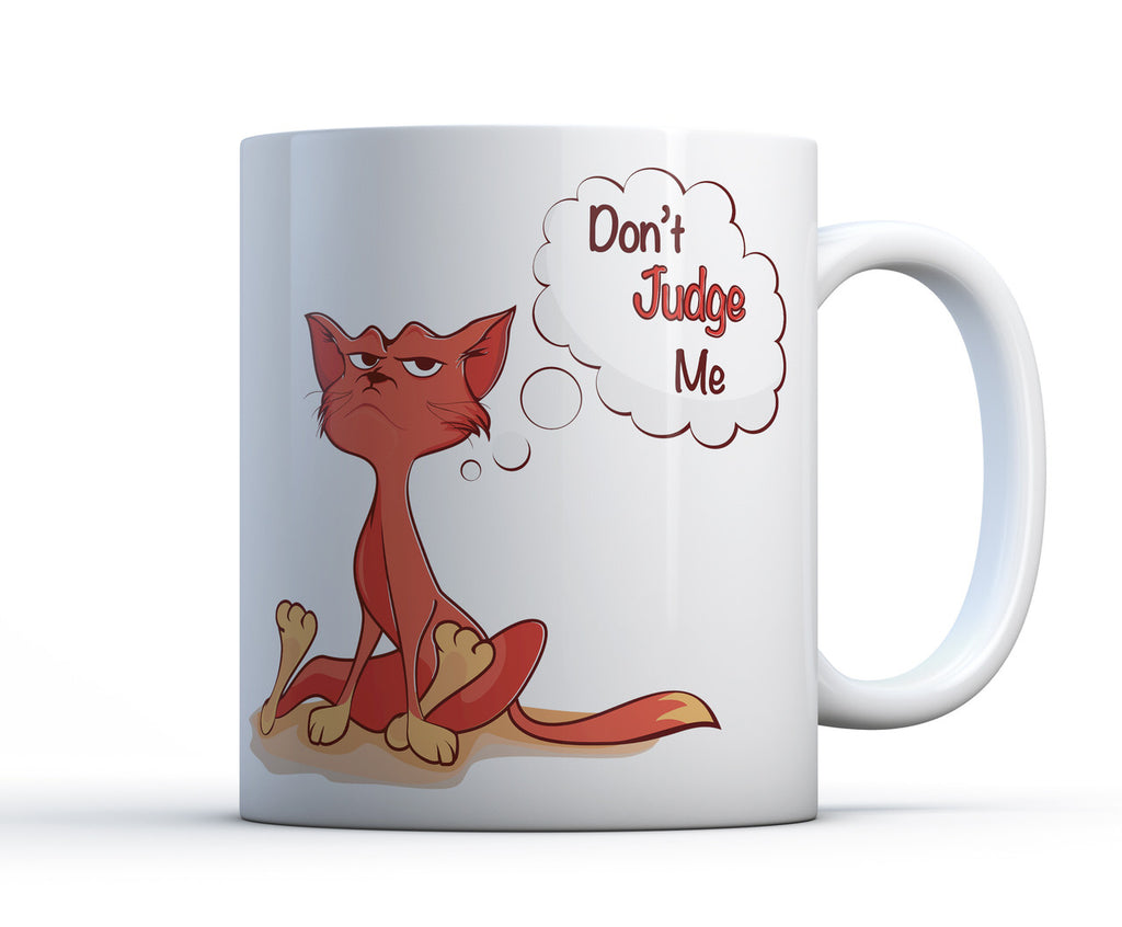 15oz dishwasher safe mug with artwork of grumpy cat who doesn't want to be judged.