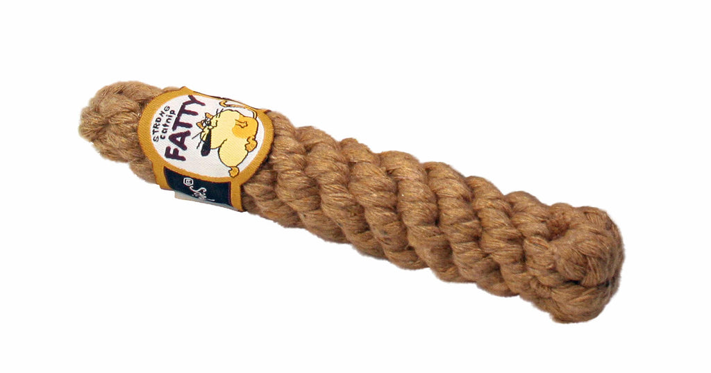This is the Fatty Catnip Cigar Catnip Cat Toy by Loopies. The toy is made out of brown woven cotton rope. The toy is cigar shaped with a cigar table. It's actually stuffed with catnip. The rope can double as a cat scratcher too. 