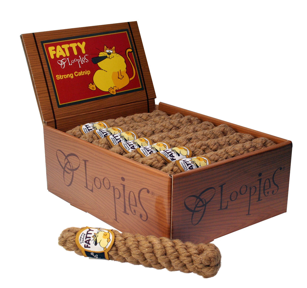 This is a box of Fatty Catnip Cigars. The loops logo is in large print on all sides of the box. The cigars are made out of brown woven cotton rope. They are all stuffed with catnip. Each cigar can double as a cat scratcher. 